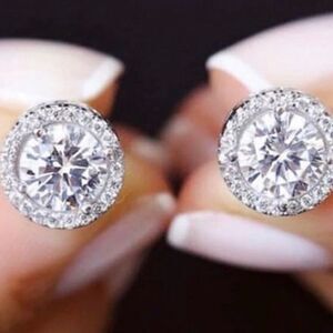 NEW 925 Sterling Silver Round Diamond Halo Studs 